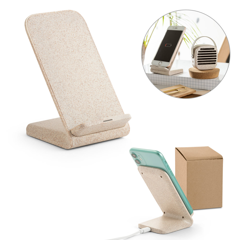 SP-57932 - Suporte para celular com carregador por indução super-rápido (15W), em fibra de palha de trigo e ABS