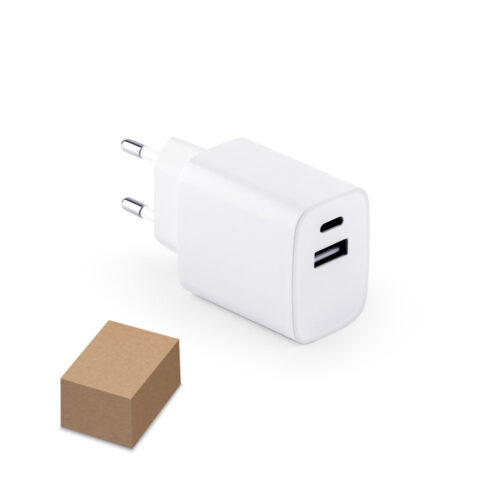 SP97186 - Adaptador de corrente com porta USB-A 18W e USB-C 20W em ABS 100% reciclado