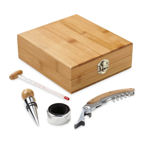 SP-94190 - Conjunto para vinho em bambu, inox, vidro e ABS
