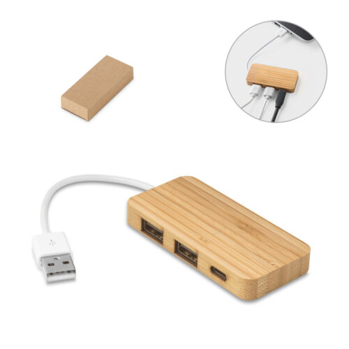 SP97127 -  Hub em bambu com 2 portas que permite a transferência de dados